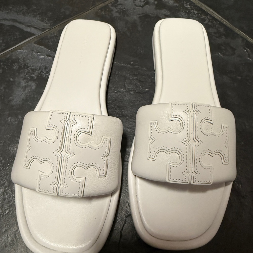 Tory Burch Double T Leather Sport Slide White Sandals Size 8.5